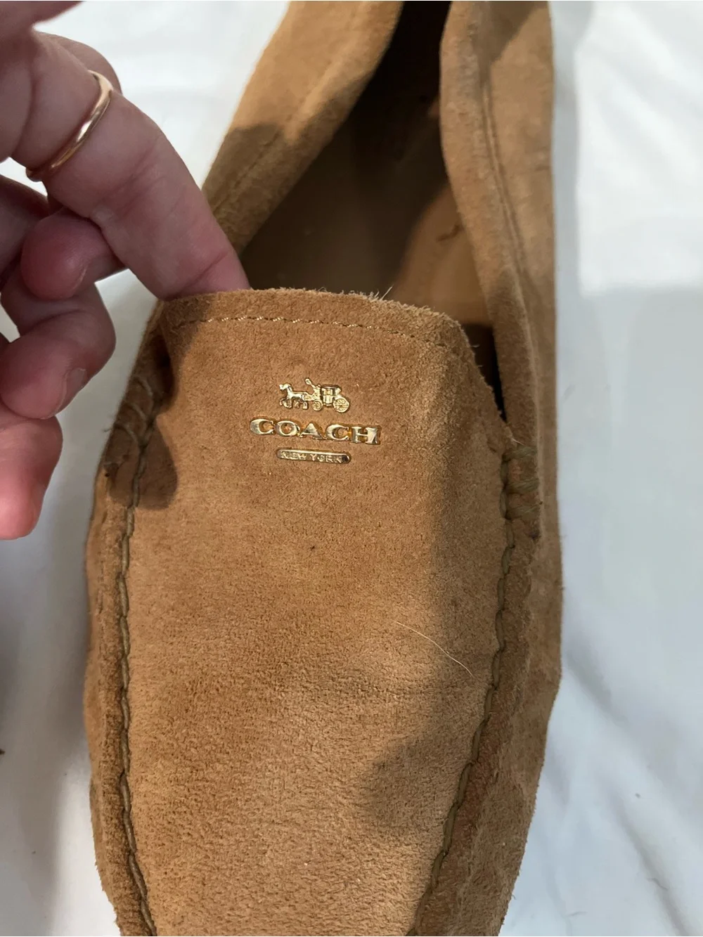 Coach Women's Brown Suede Slip-On Loafers with Gold Logo, size 10